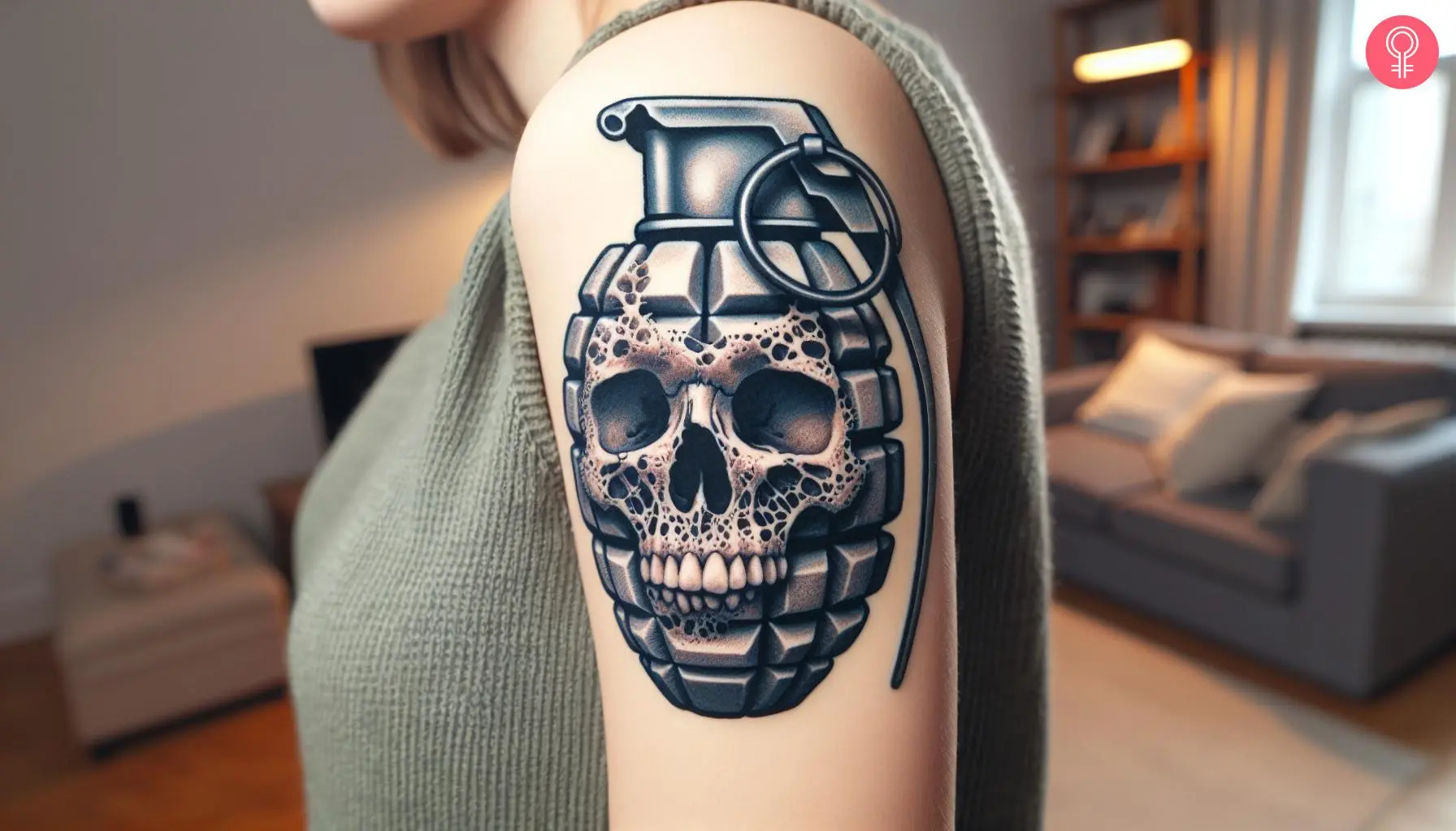 A woman with a skull grenade tattoo on her arm