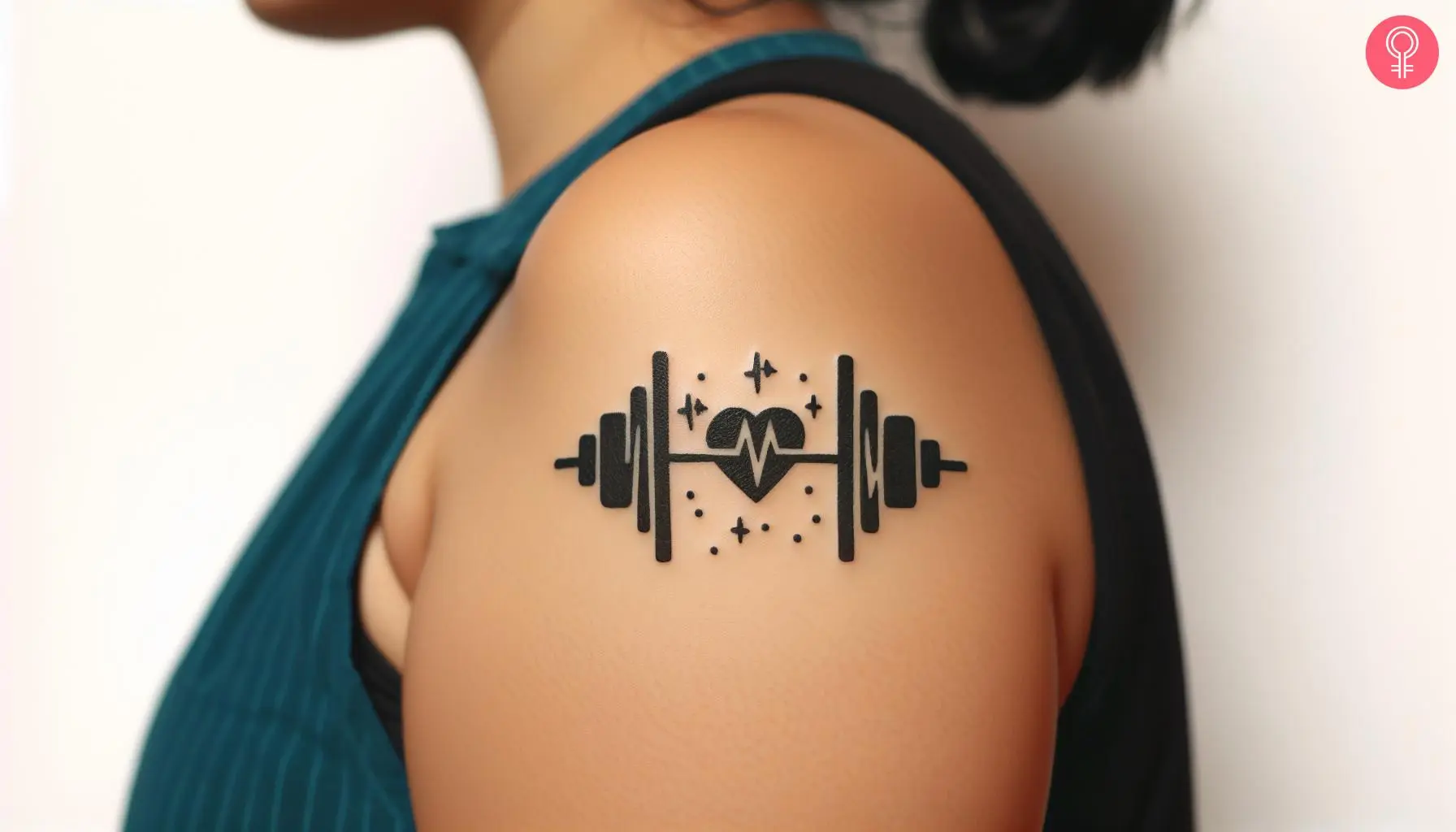 A woman with a small dumbbell heartbeat tattoo on her upper arm