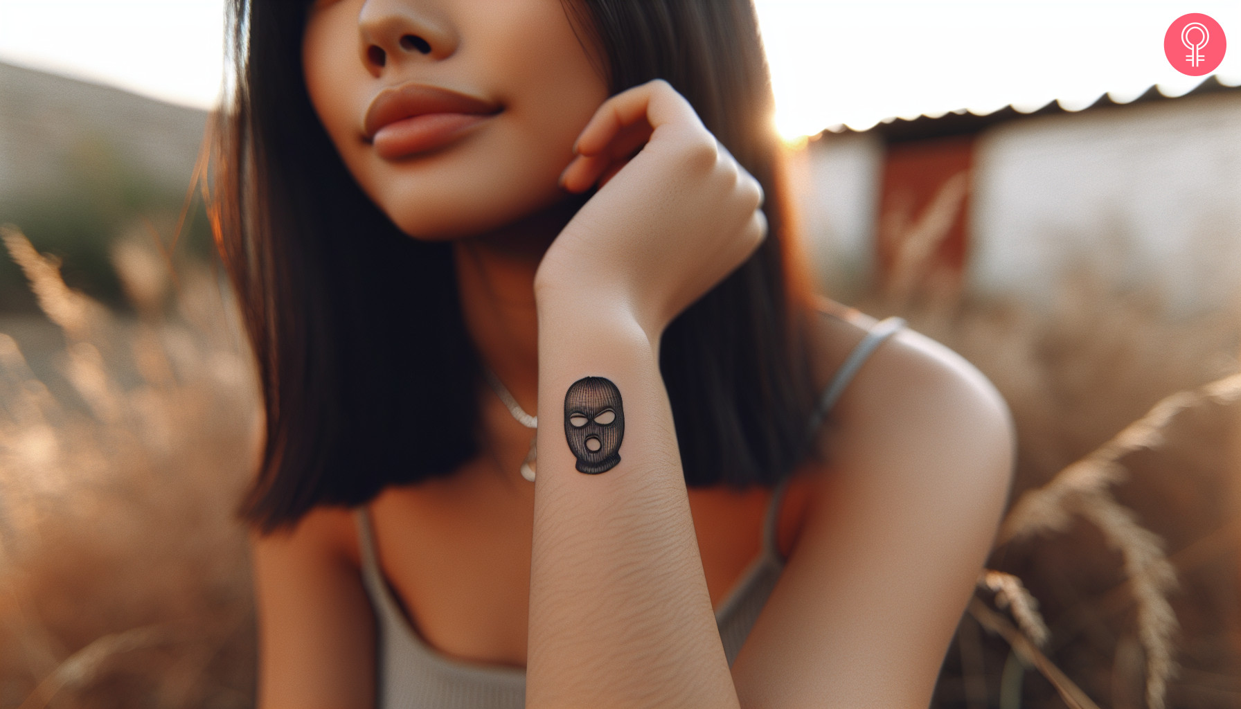 A woman with a small ski mask tattoo on her wrist