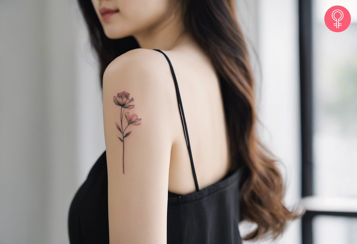 A woman with a subtle Korean flower tattoo on her upper arm