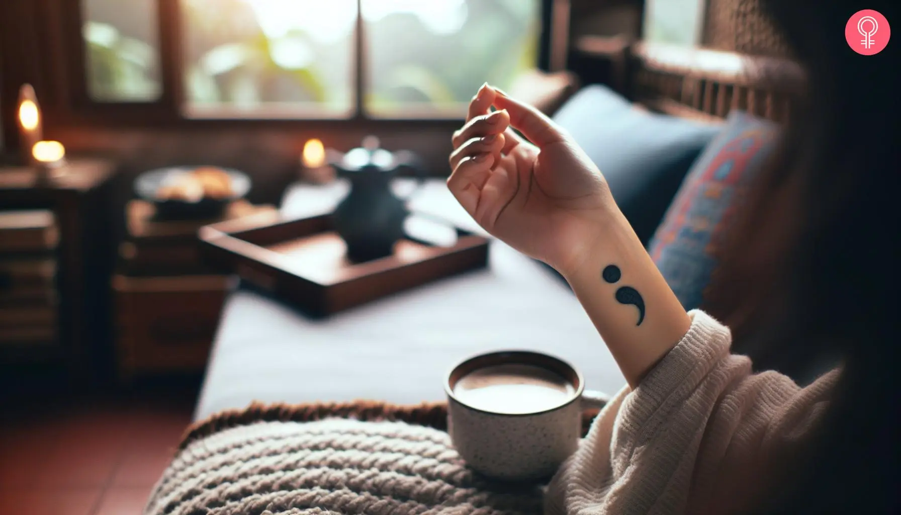 A woman with a tattoo of a mental health semicolon on her wrist