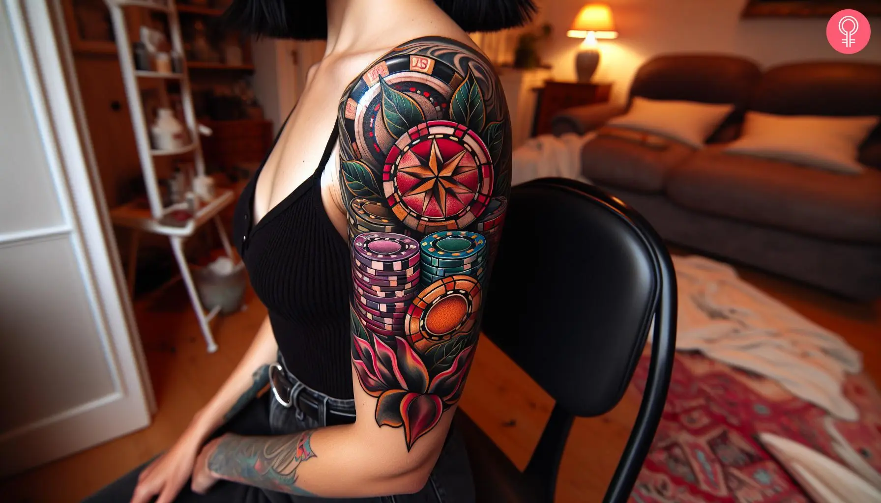 A woman with a tattoo showing stacked poker chips