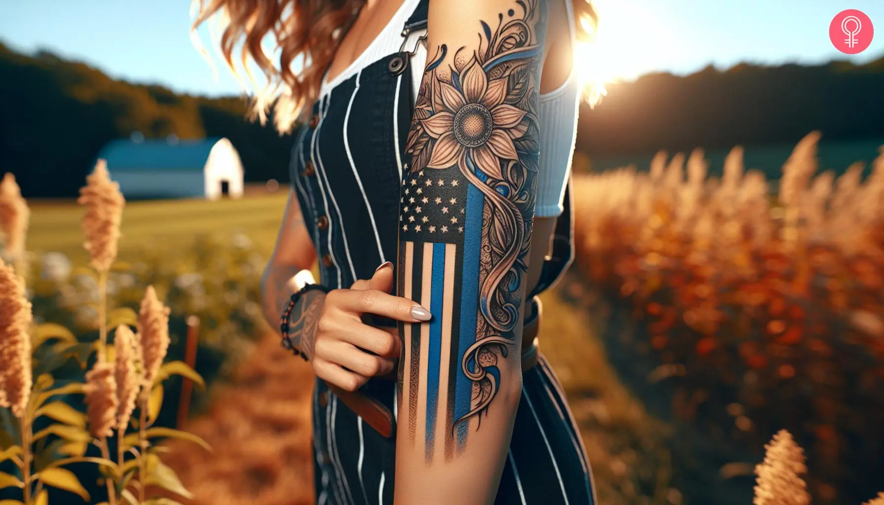 A woman with a thin blue line flag tattoo on her arm