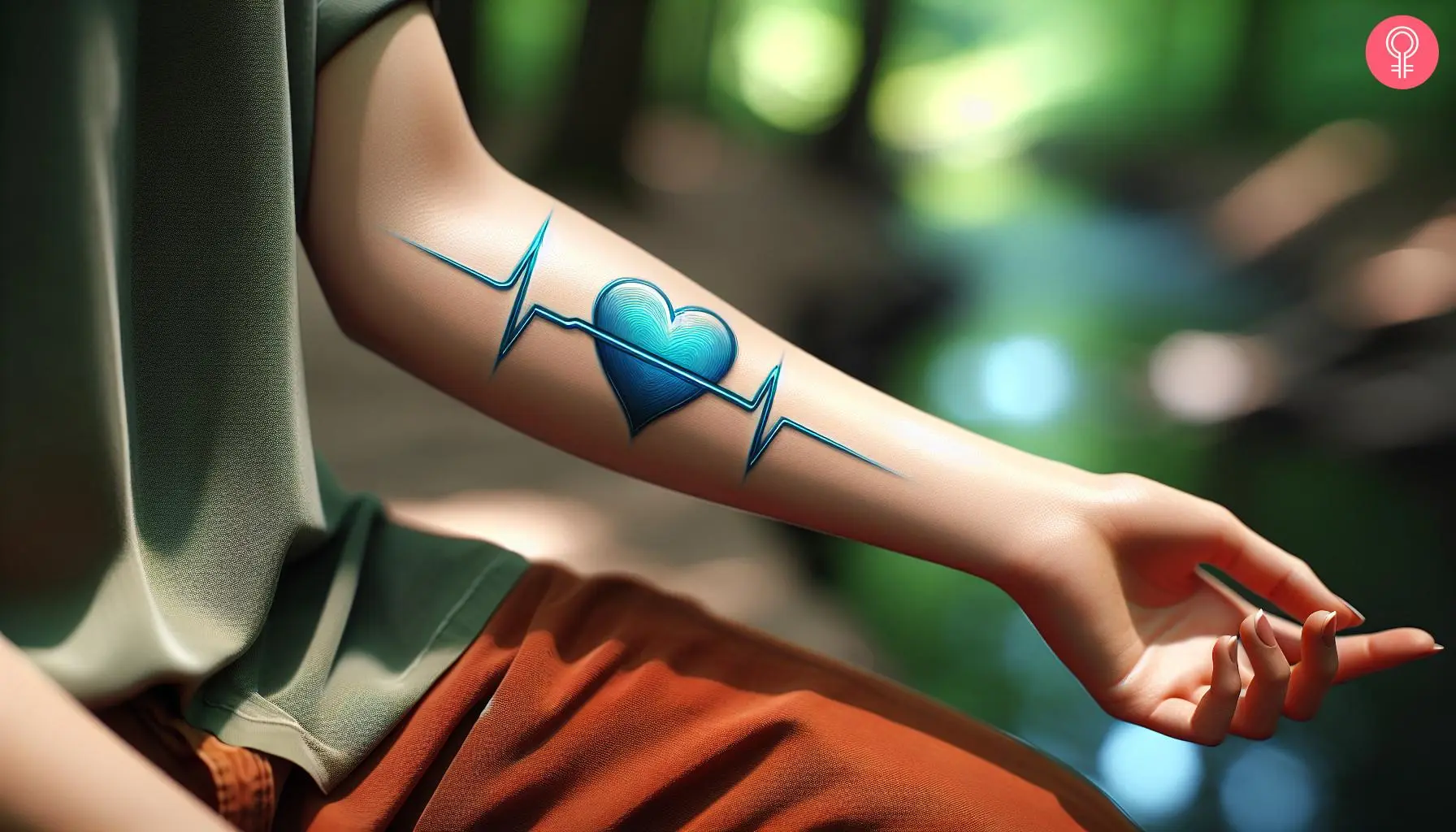 A woman with a thin blue line heart tattoo on her forearm