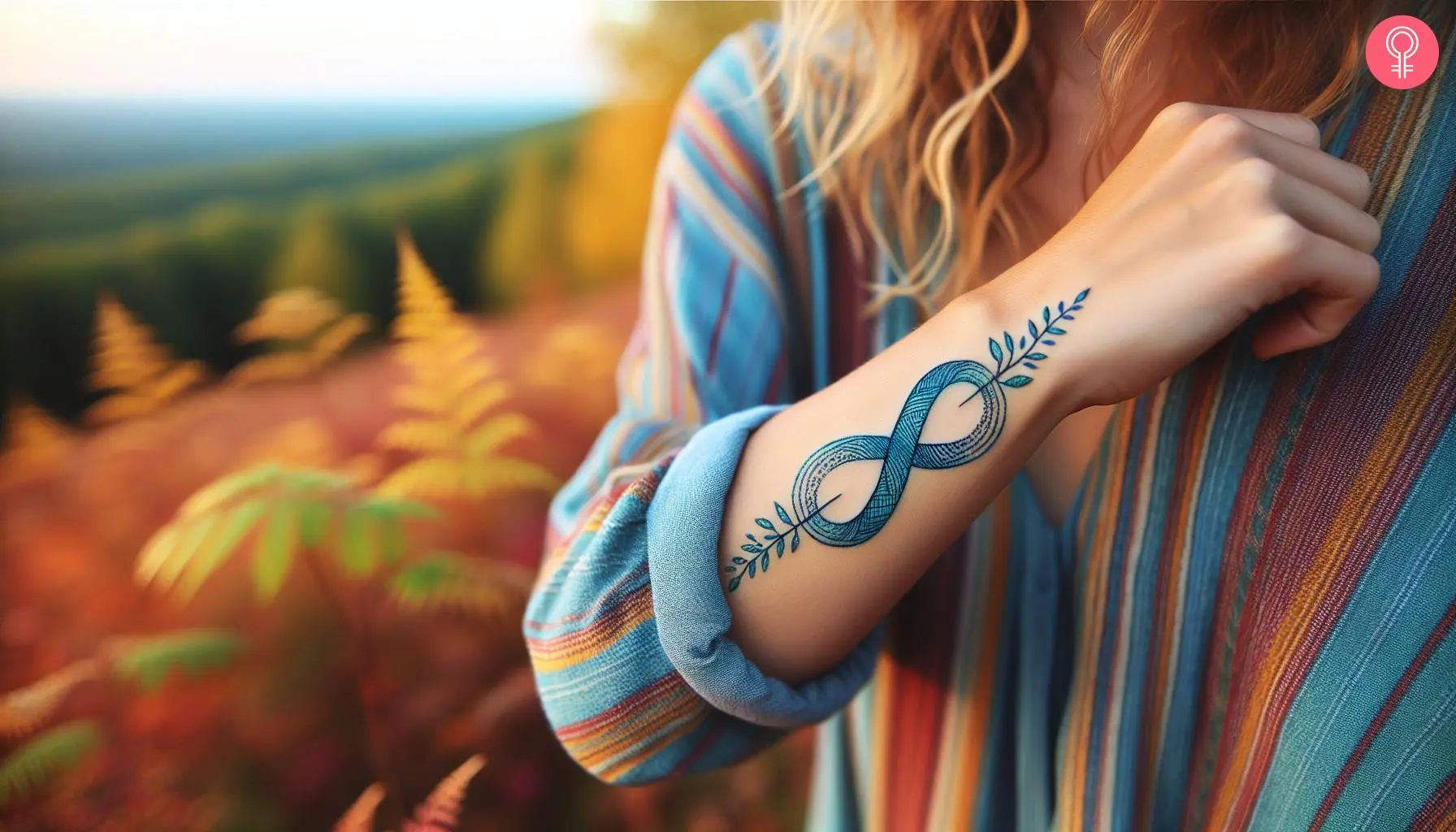 A woman with a thin blue line infinity sign tattoo on her forearm