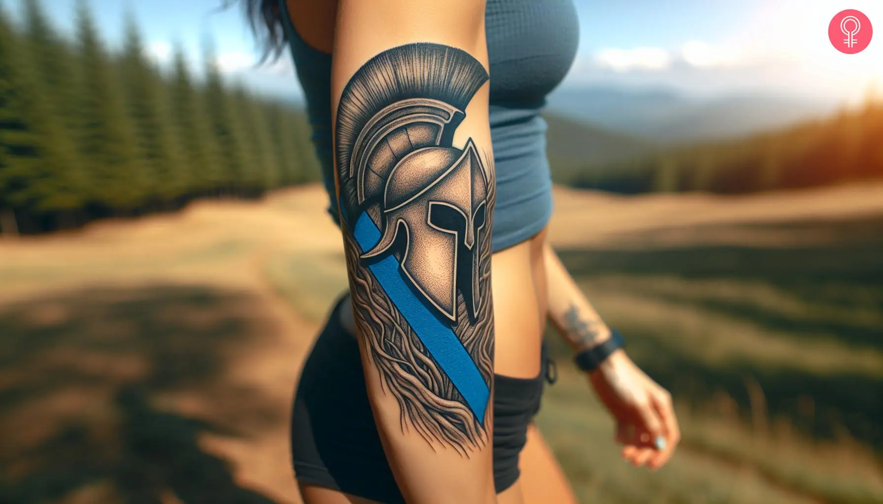 A woman with a thin blue line spartan helmet tattoo on her forearm