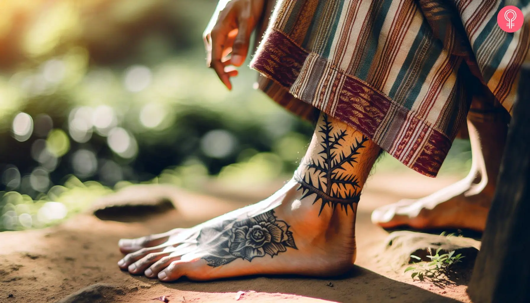 A woman with a thorn ankle tattoo