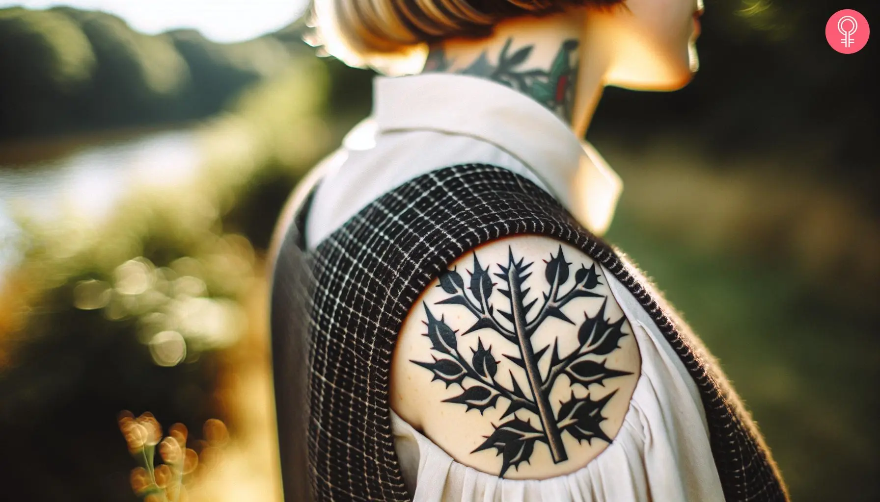 A woman with a thorn branch tattoo on her shoulder