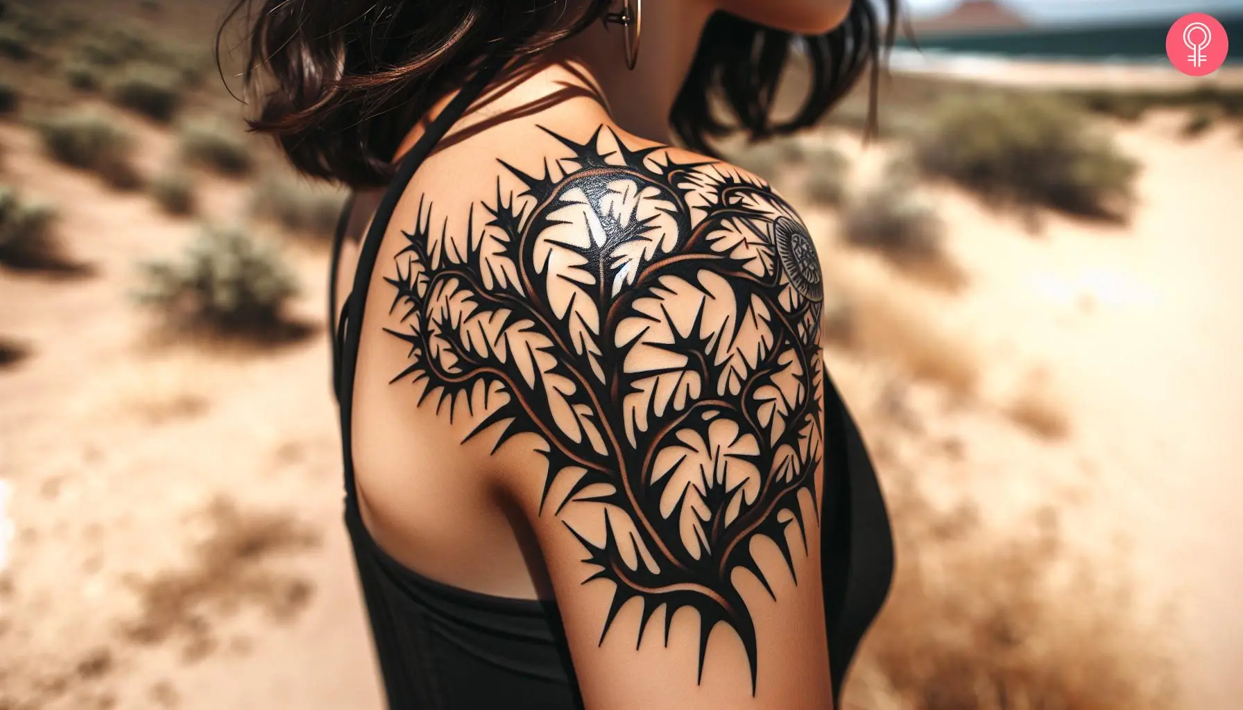 A woman with a thorn bush tattoo on her shoulder