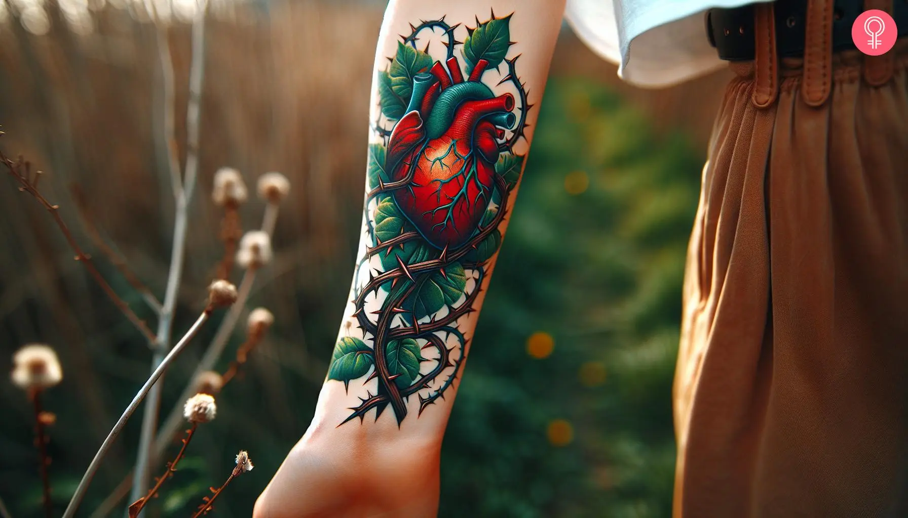 A woman with a thorn heart tattoo on her forearm