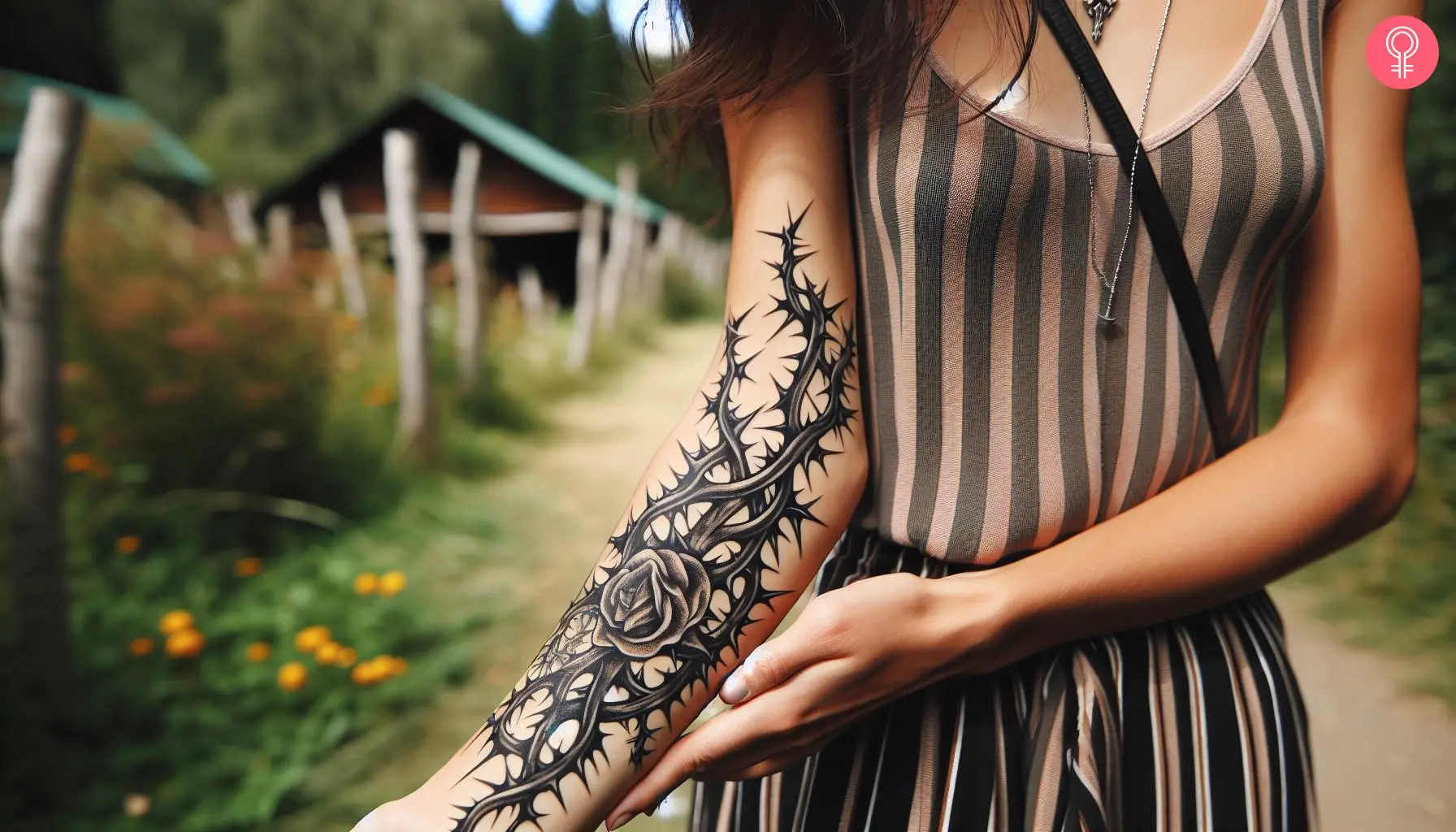 A woman with a thorn tattoo on her forearm