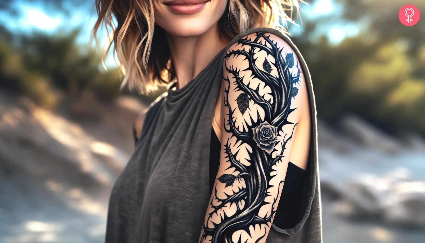 A woman with a thorn vine tattoo on her upper arm