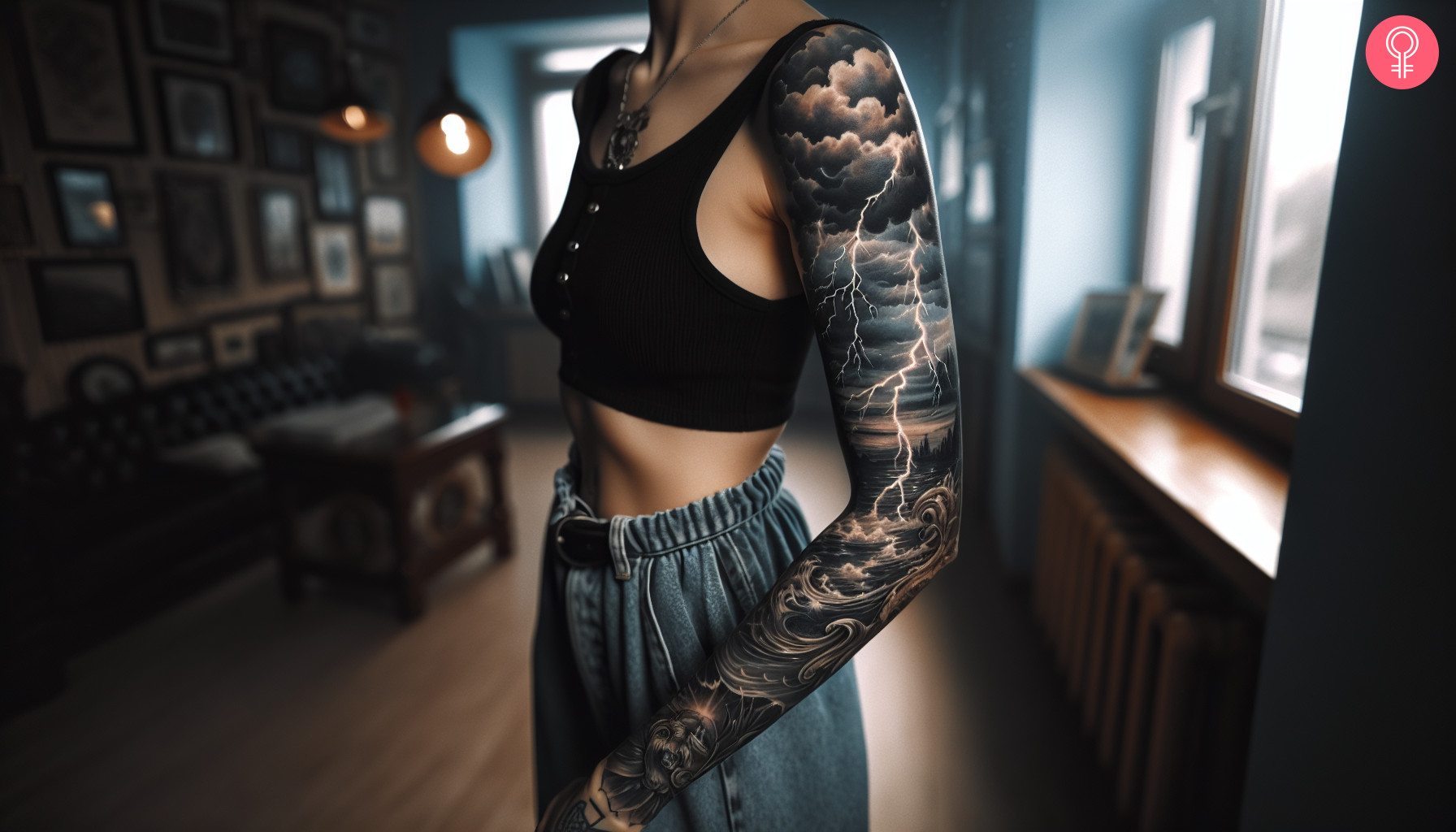 A woman with a thunderstorm tattoo on her entire sleeve