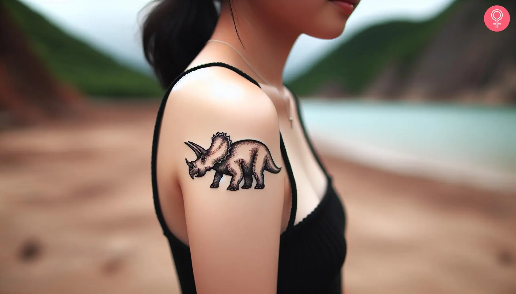 A woman with a tiny triceratops tattoo on the upper arm