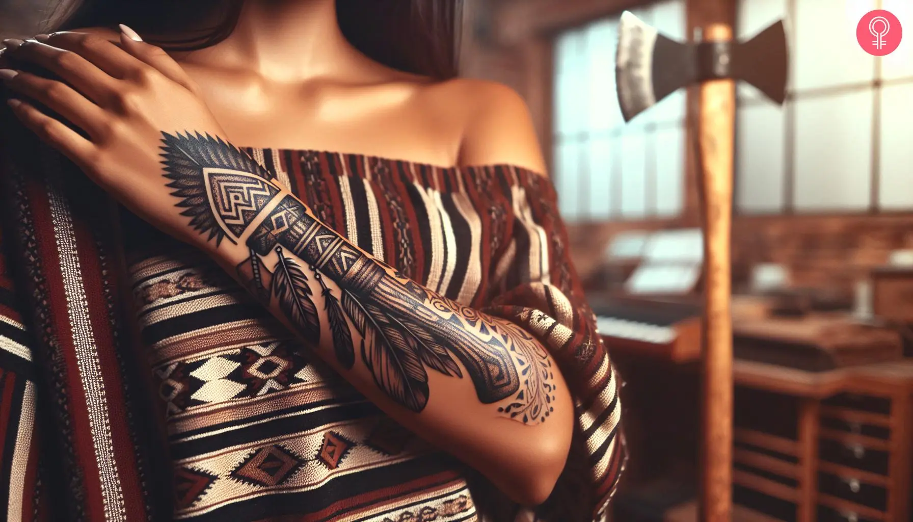 A woman with a tomahawk tattoo on her forearm