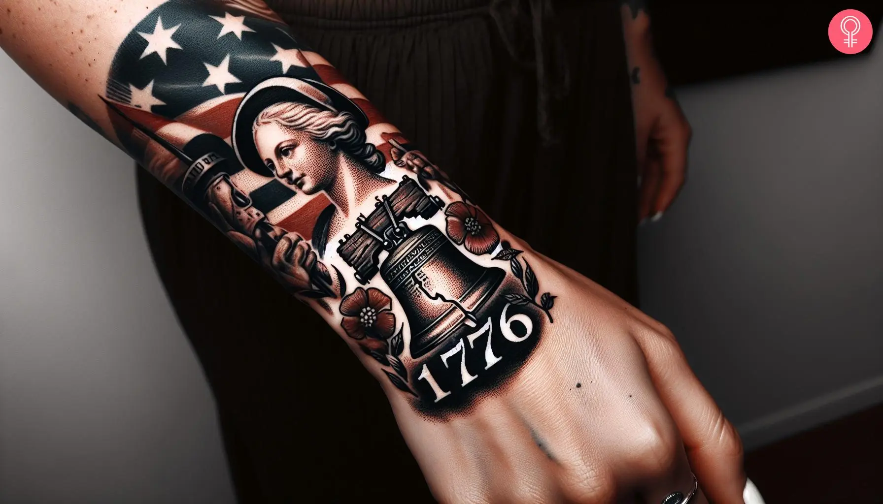 A woman with a traditional 1776 tattoo on her forearm