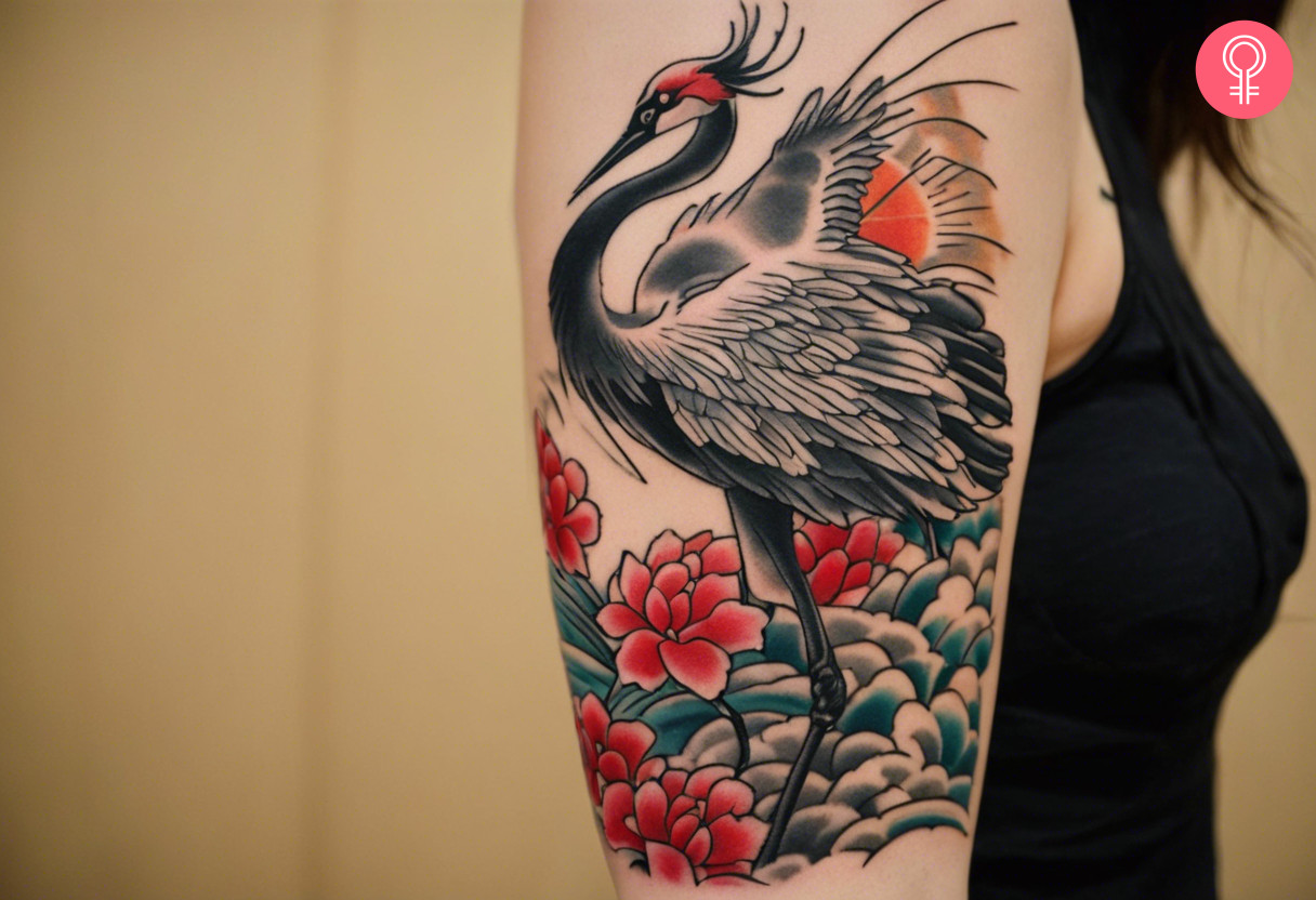 A woman with a traditional Japanese crane tattoo on her arm