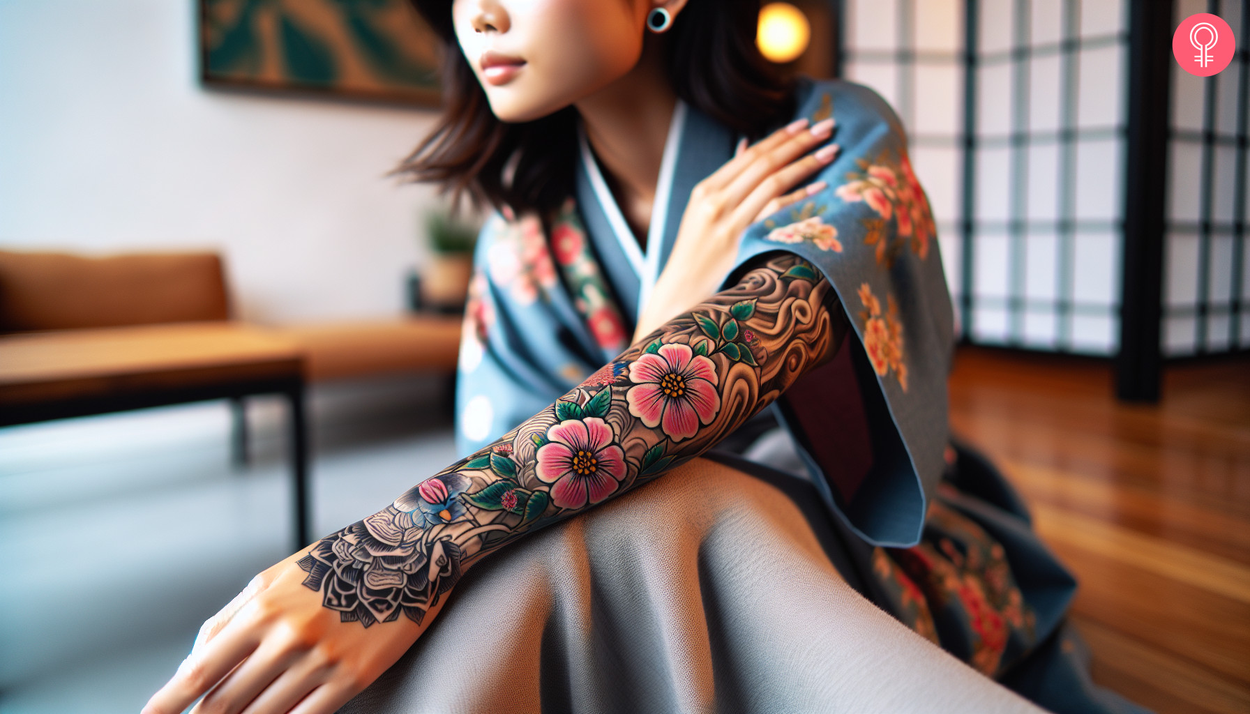 A woman with a traditional Korean tattoo on her sleeve