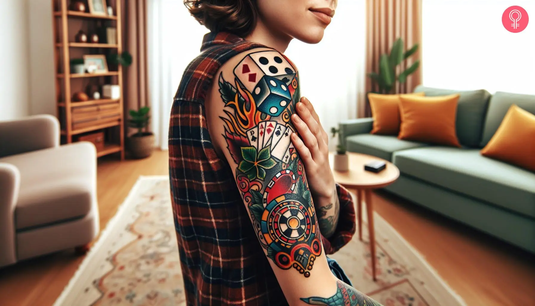 A woman with a traditional casino-themed tattoo