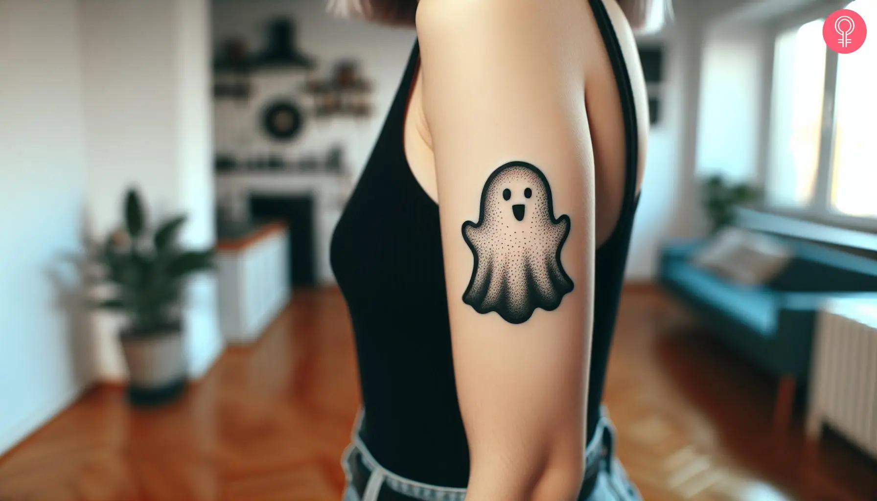 A woman with a traditional ghost tattoo on her upper arm