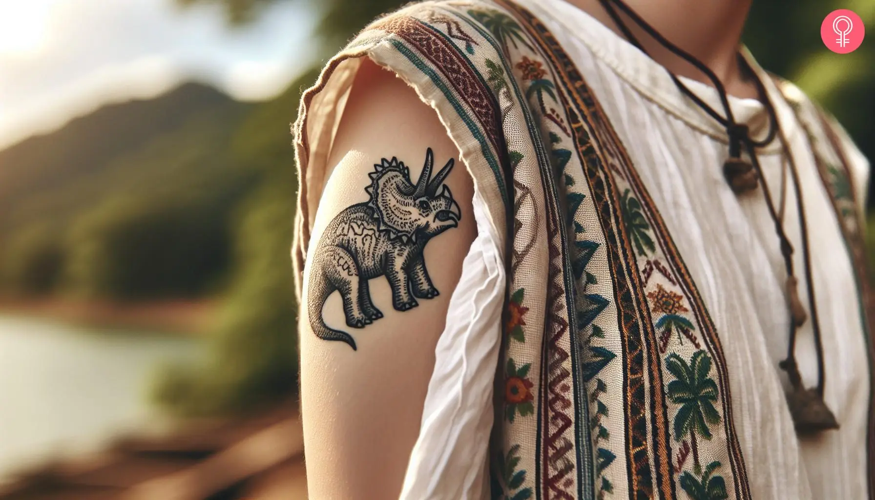 A woman with a traditional triceratops tattoo on her upper arm