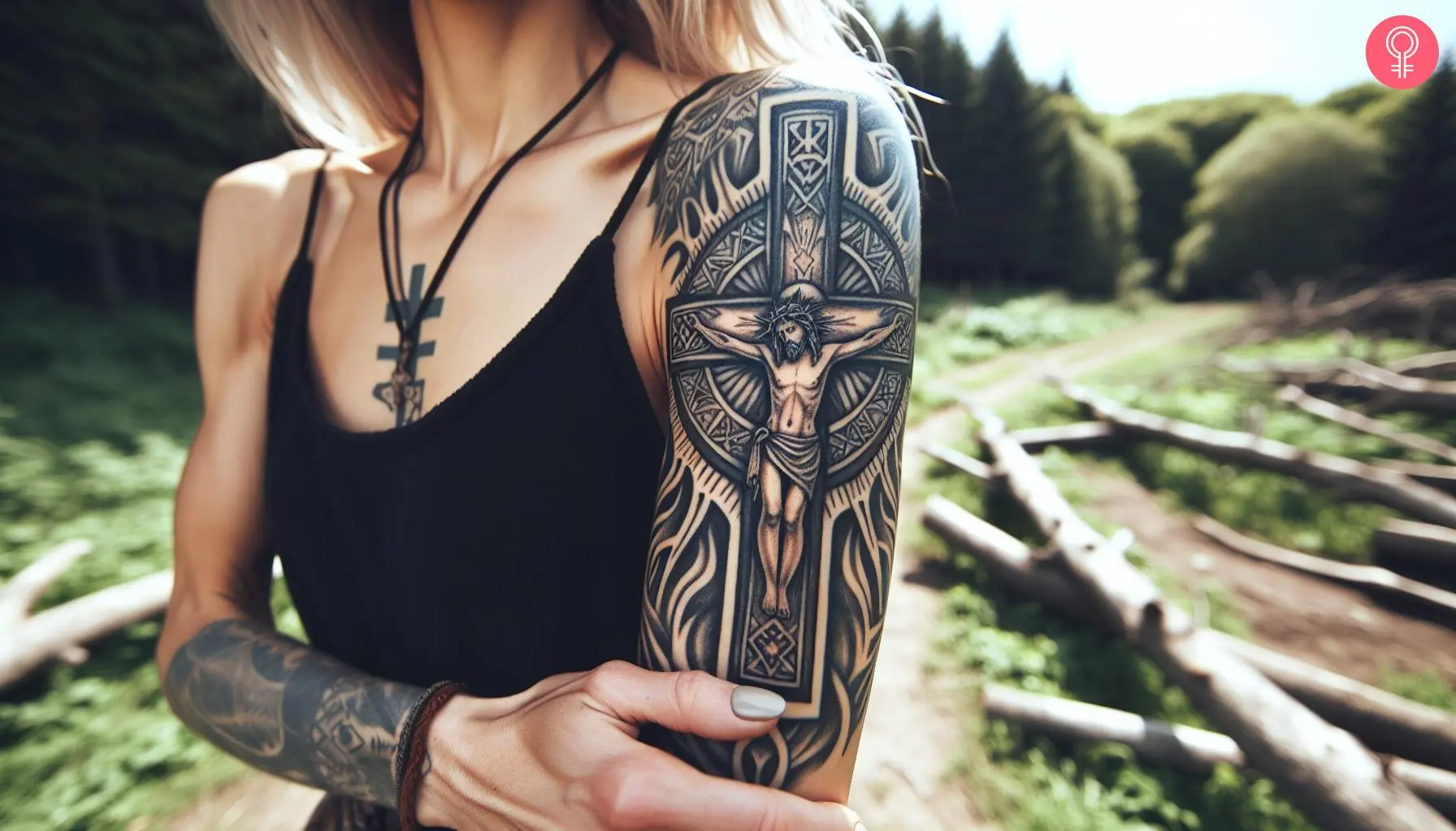 A woman with a tribal Jesus on a cross tattoo on her upper arm