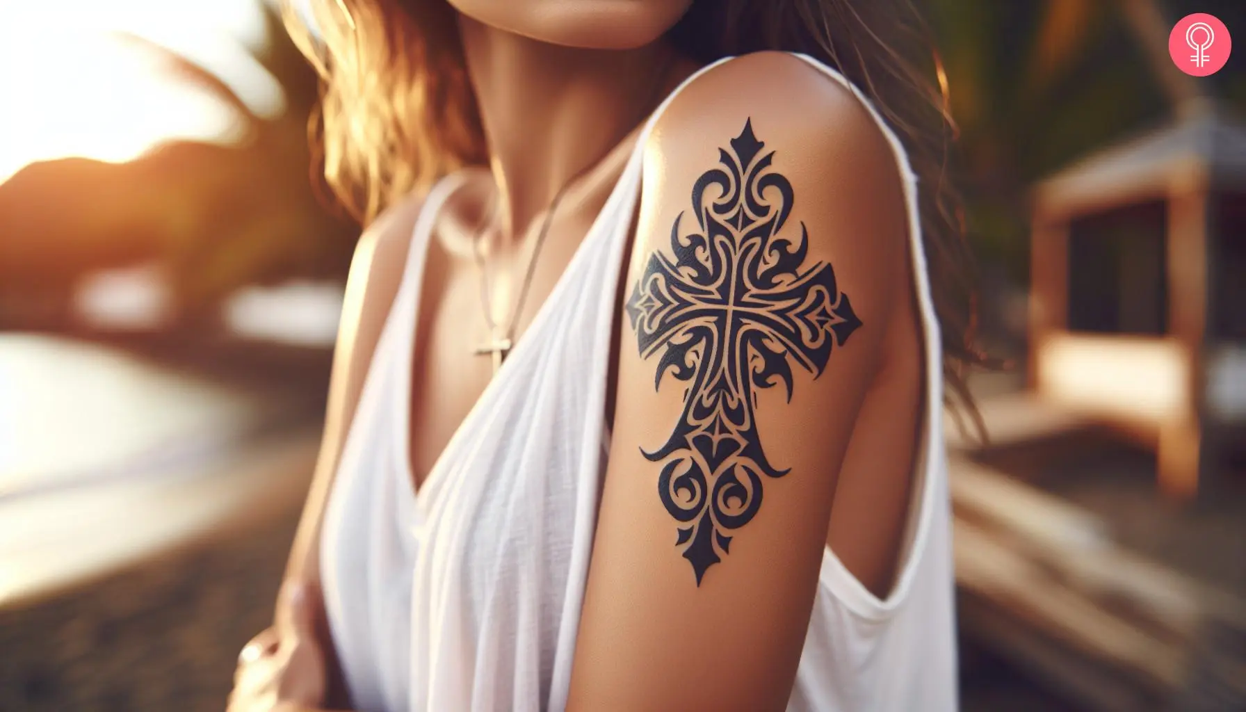 A woman with a tribal Maltese cross tattoo on her upper arm