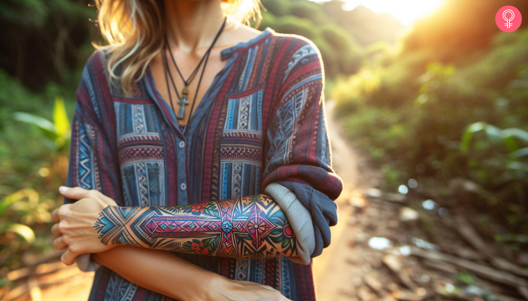 A woman with a tribal cross sleeve tattoo on the lower arm