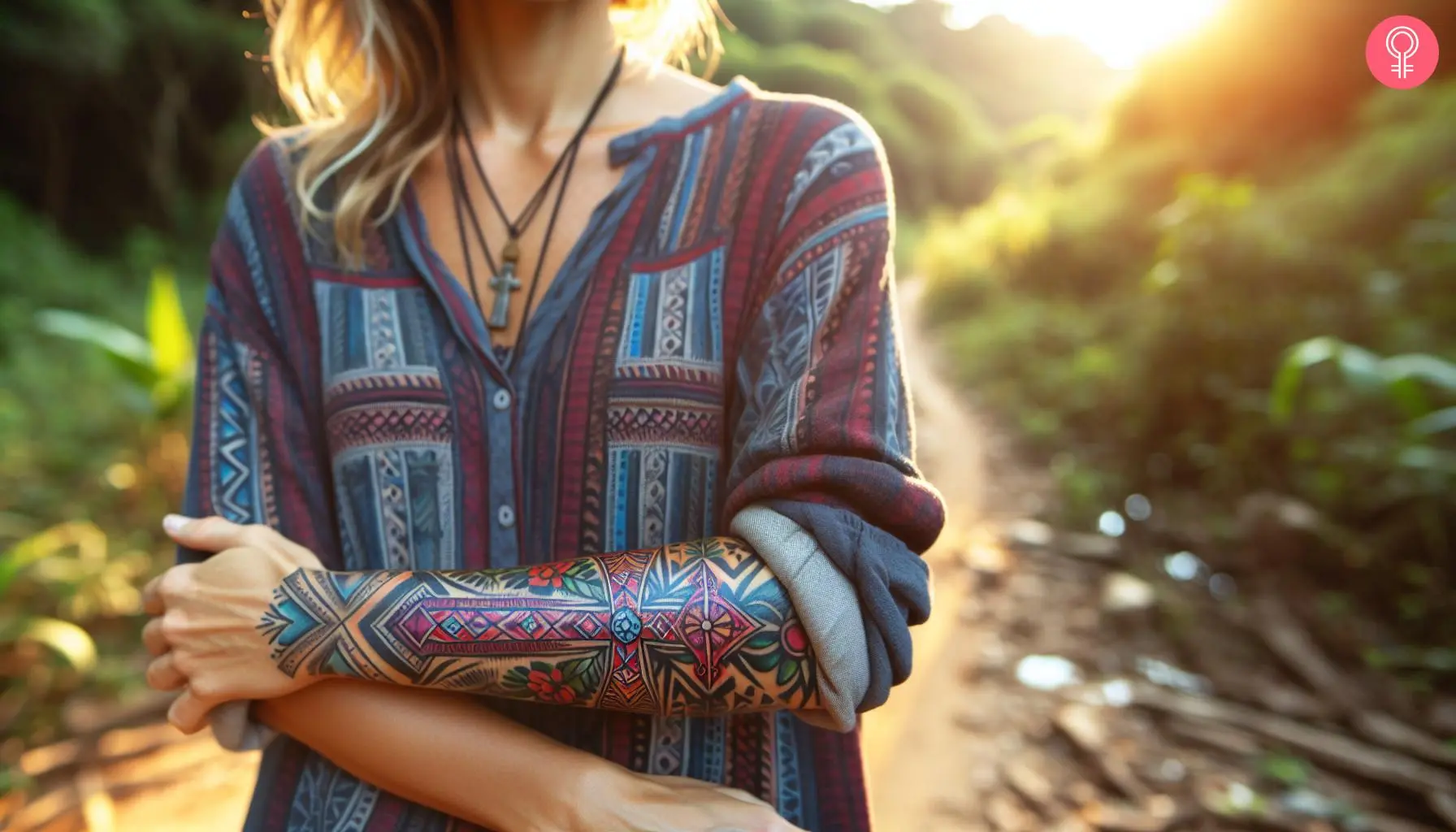 A woman with a tribal cross sleeve tattoo on the lower arm