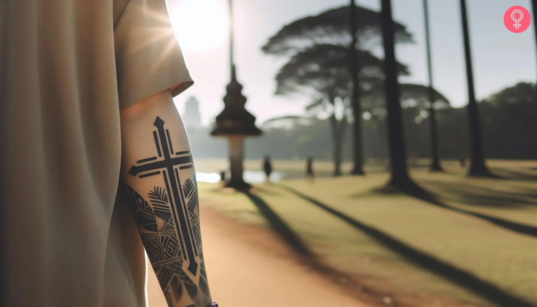 A woman with a tribal cross tattoo on her forearm