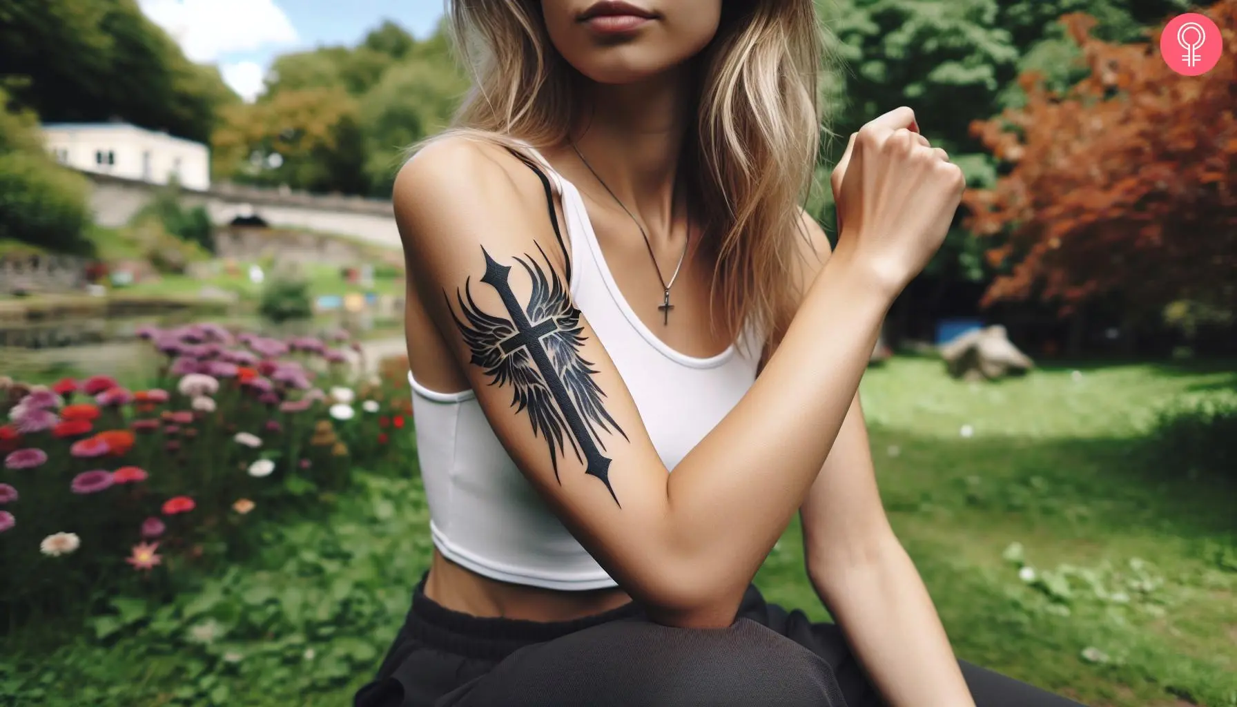 A woman with a tribal cross with wings tattooed on her upper arm