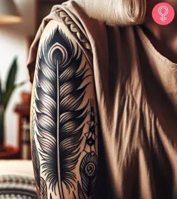 A woman with a tribal feather tattoo