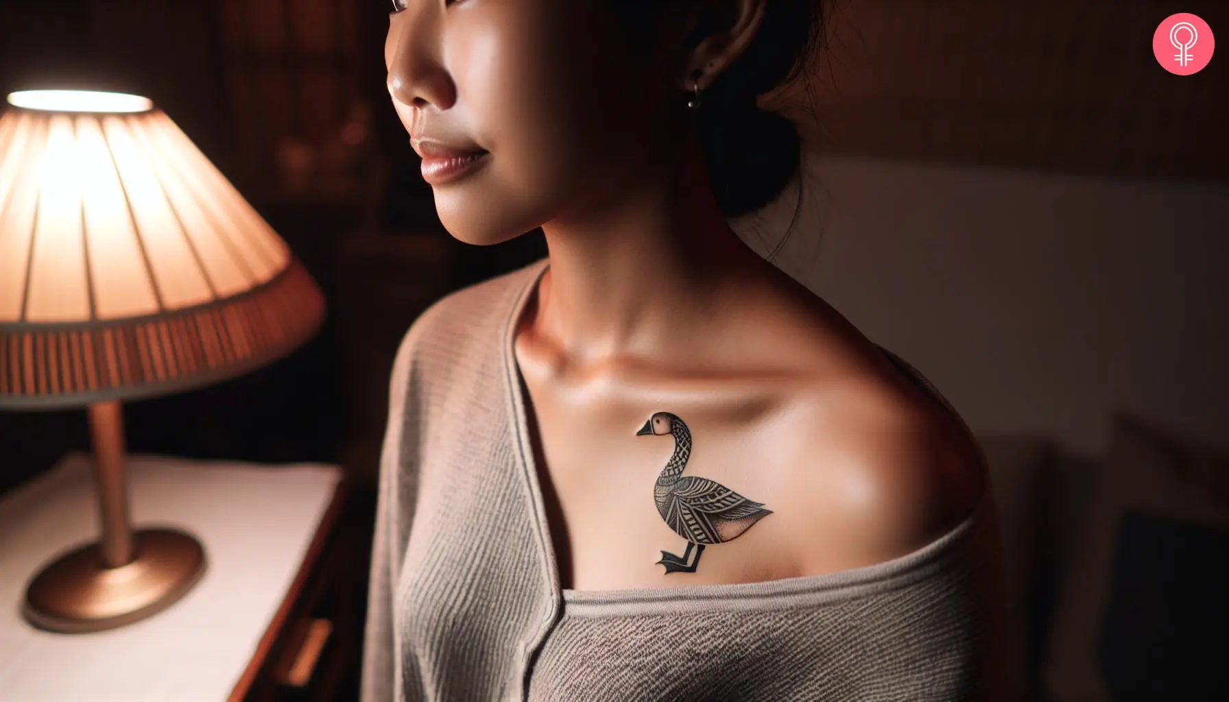 A woman with a tribal goose tattoo near the collarbone