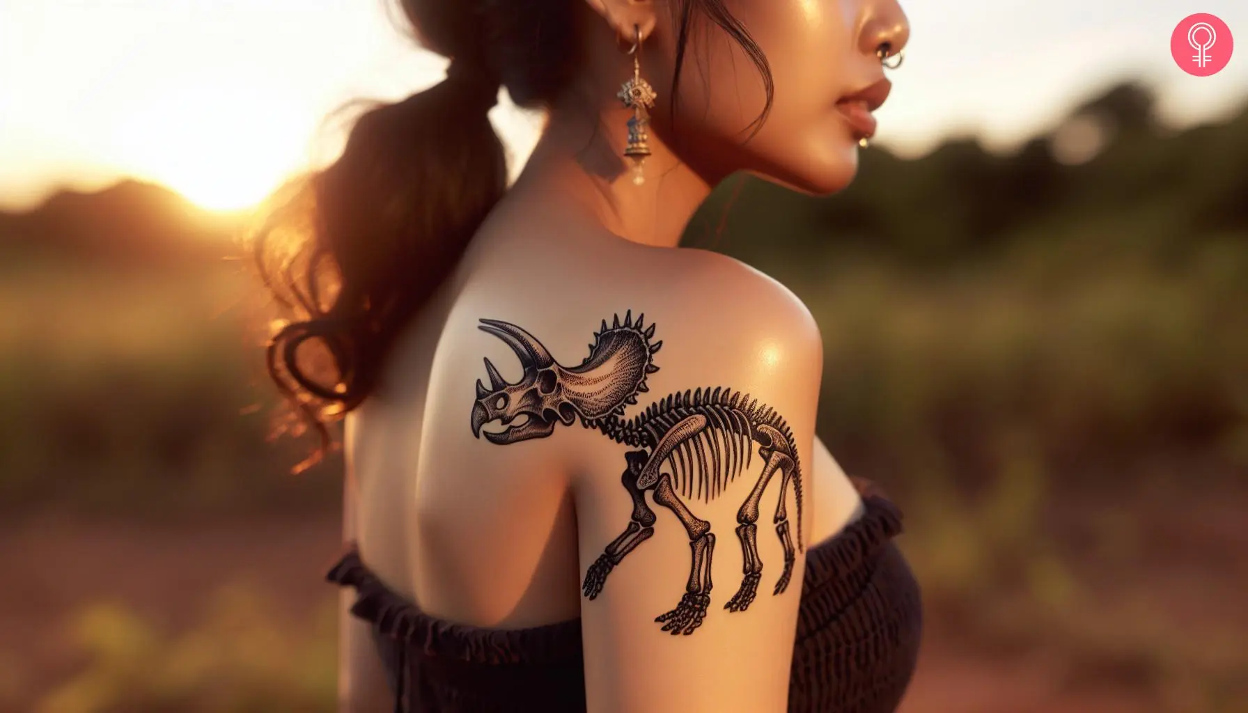 A woman with a triceratops skeleton tattoo on her shoulder