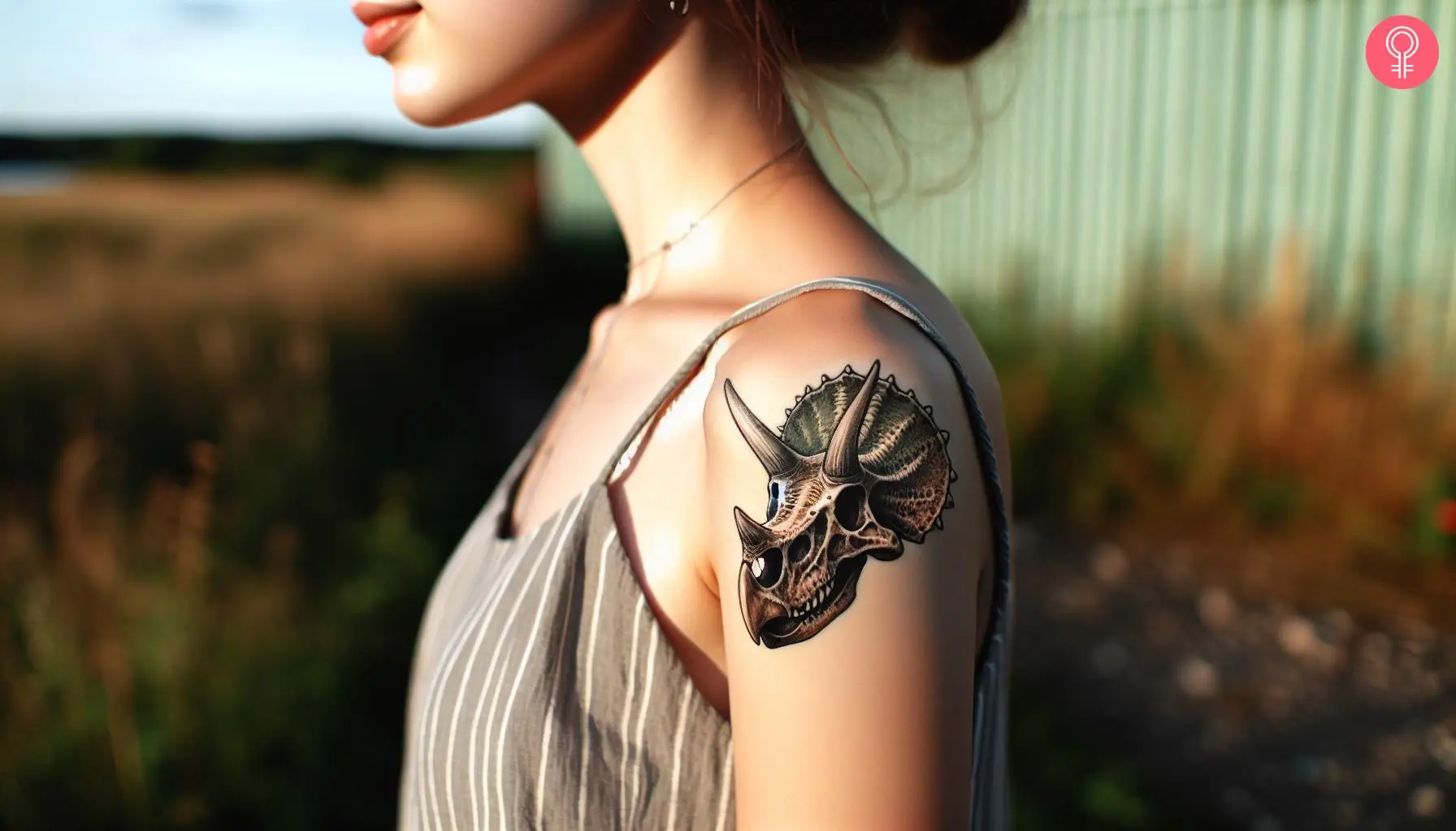 A woman with a triceratops skull tattoo on the upper arm