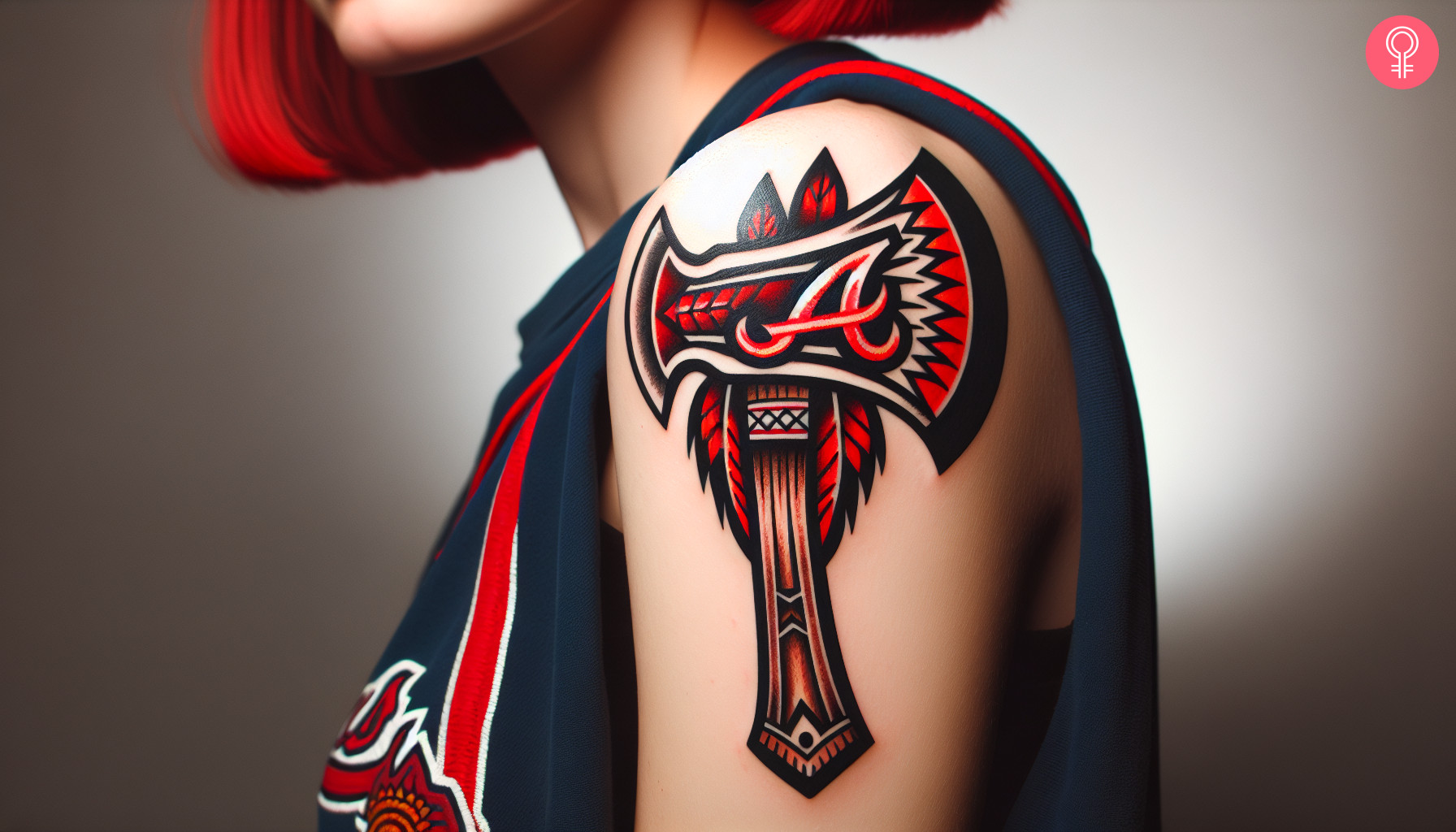 A woman with a vibrant Atlanta Braves tomahawk tattoo on her upper arm