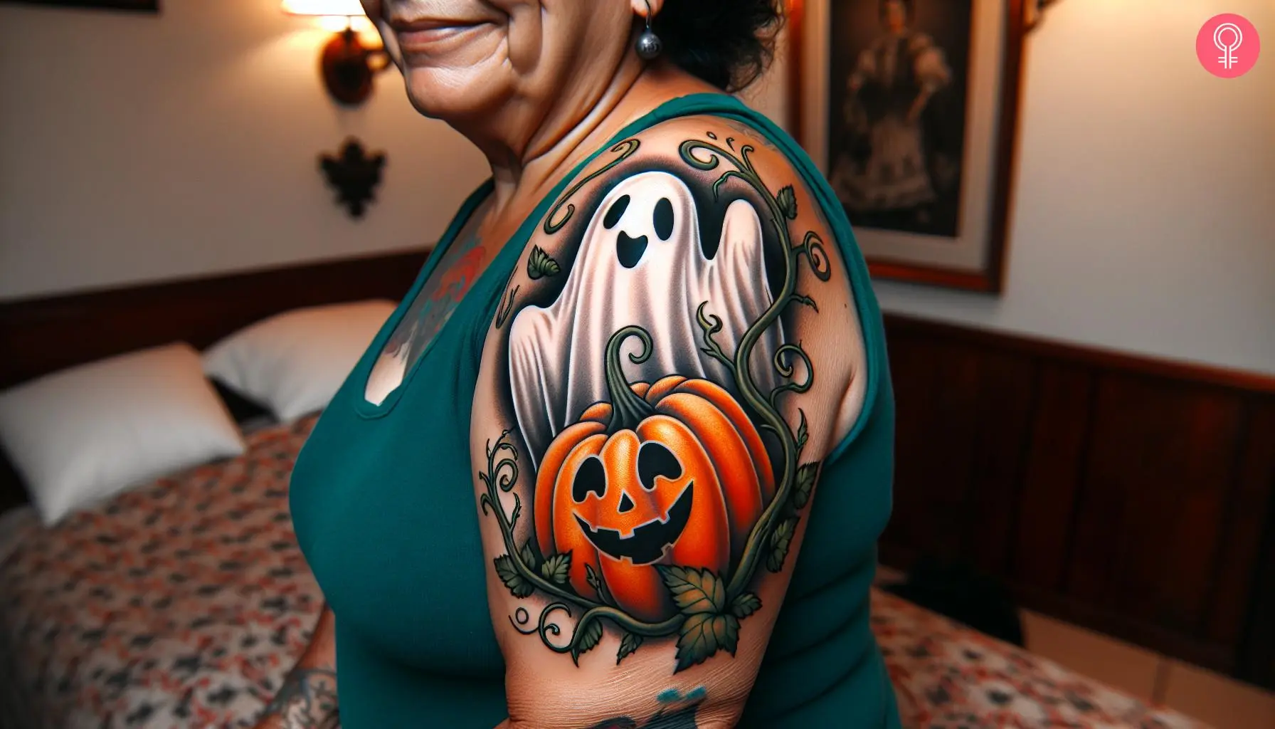 A woman with a vibrant Halloween ghost tattoo on her upper arm