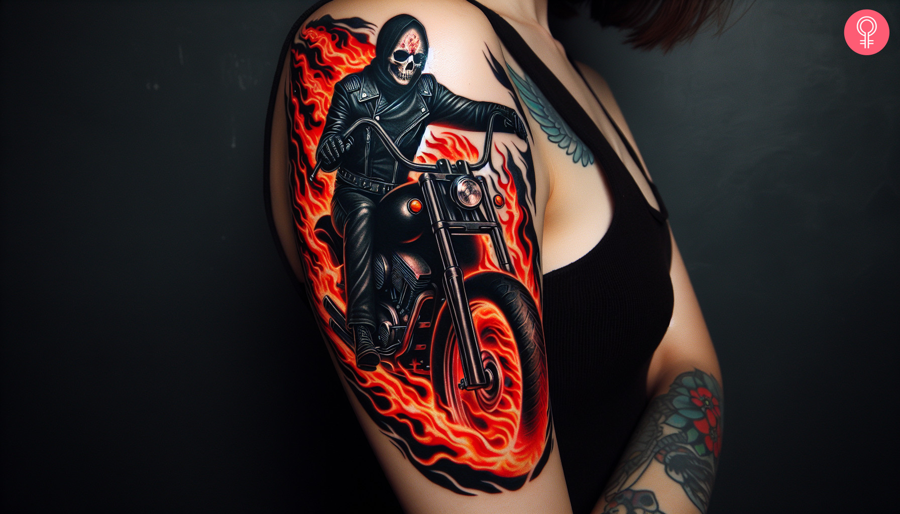 A woman with a vibrant ghost rider tattoo on her upper arm