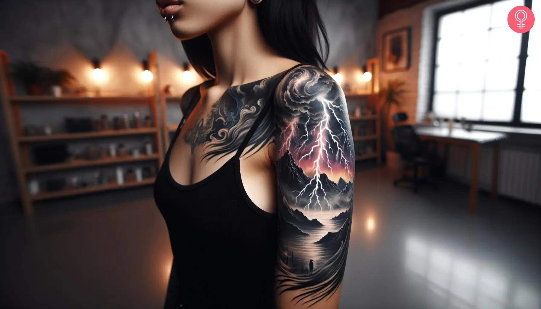 A woman with a vibrant lightning and thunder tattoo on her upper arm