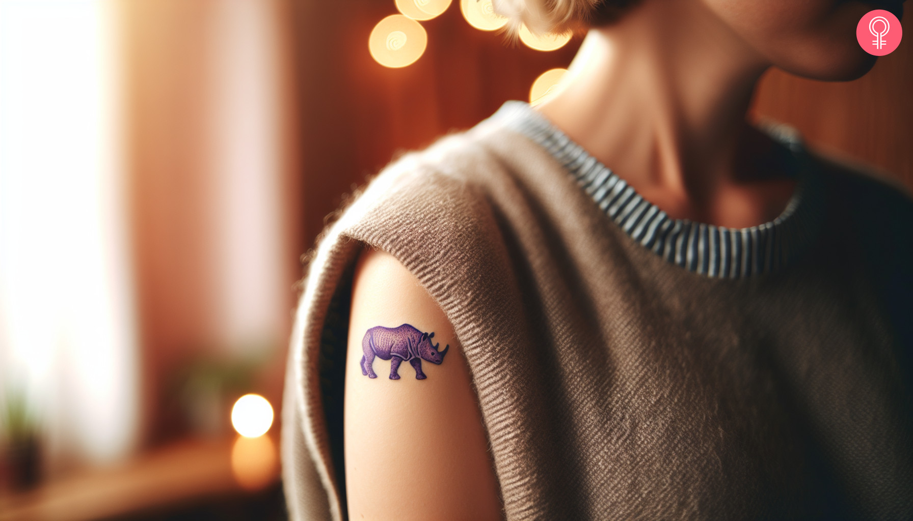 A woman with a vibrant purple rhino tattoo on her upper arm