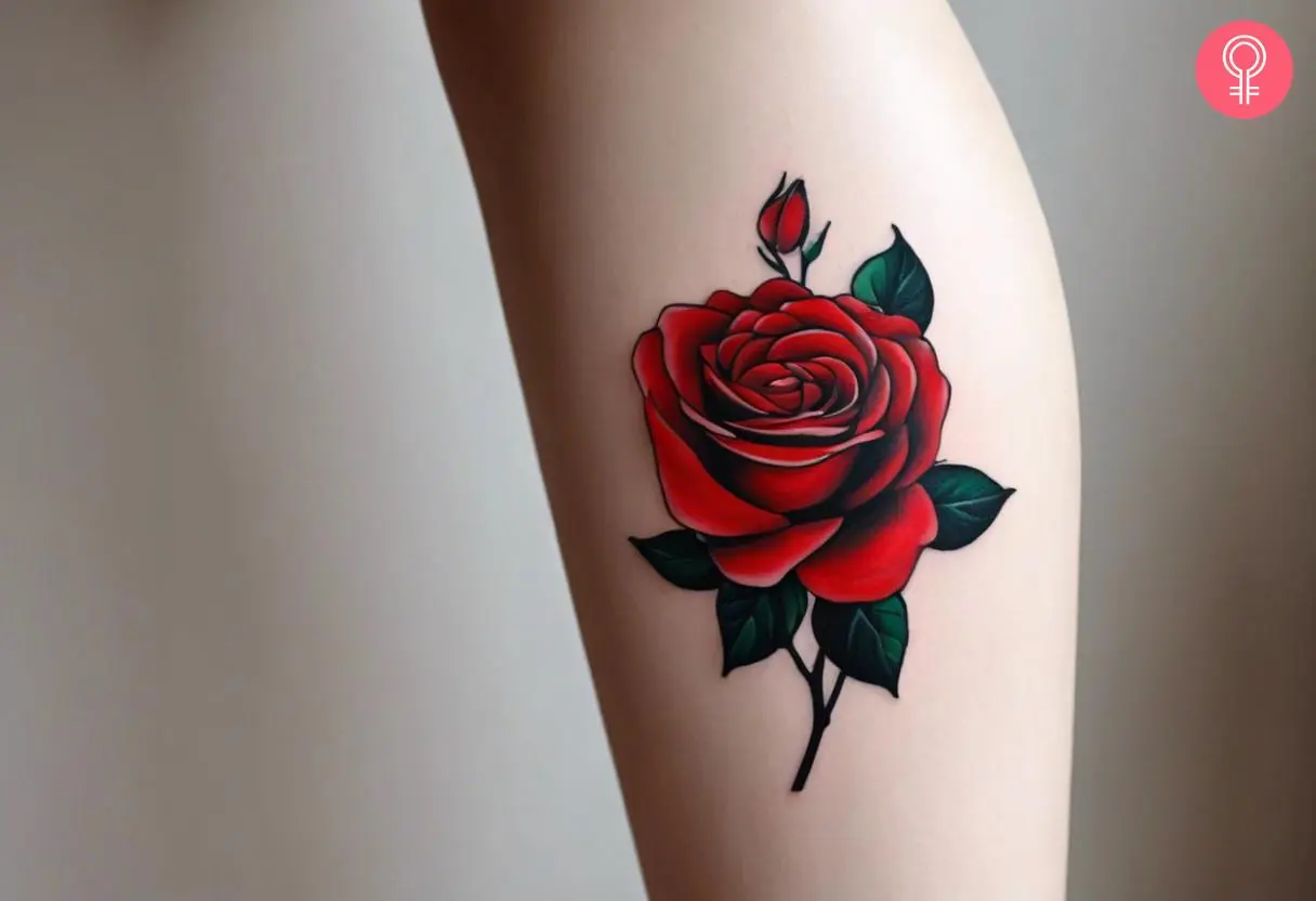 A woman with a vibrant red rose calf tattoo