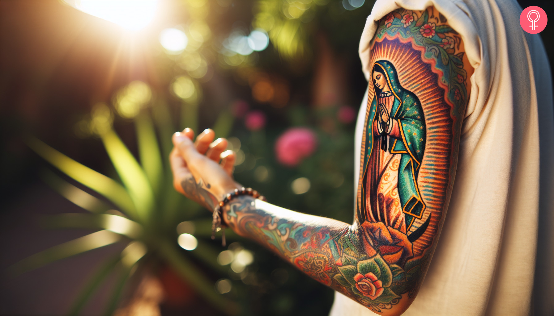 A woman with a virgen de guadalupe tattoo on her arm