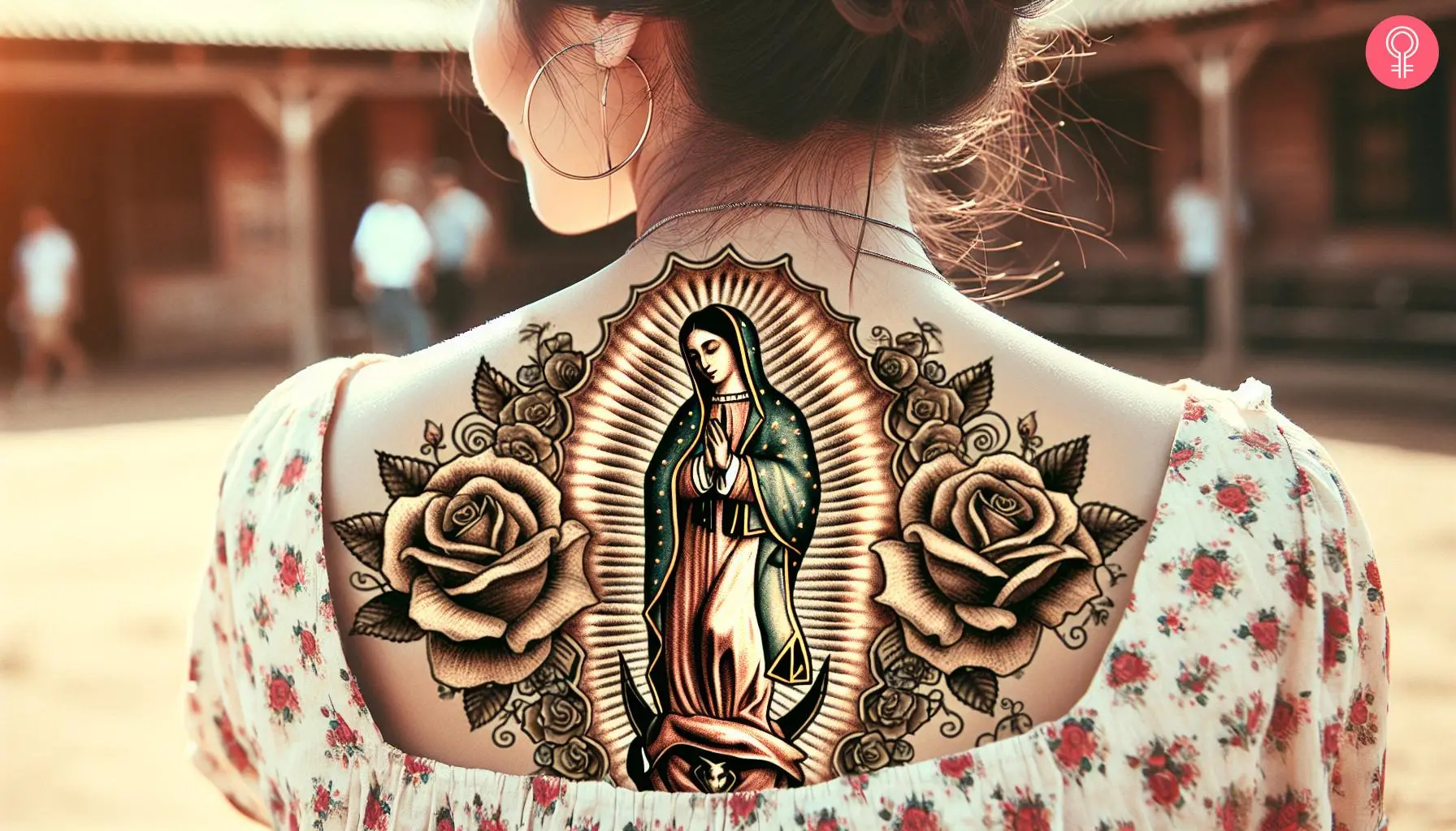 A woman with a virgen de guadalupe tattoo on her back