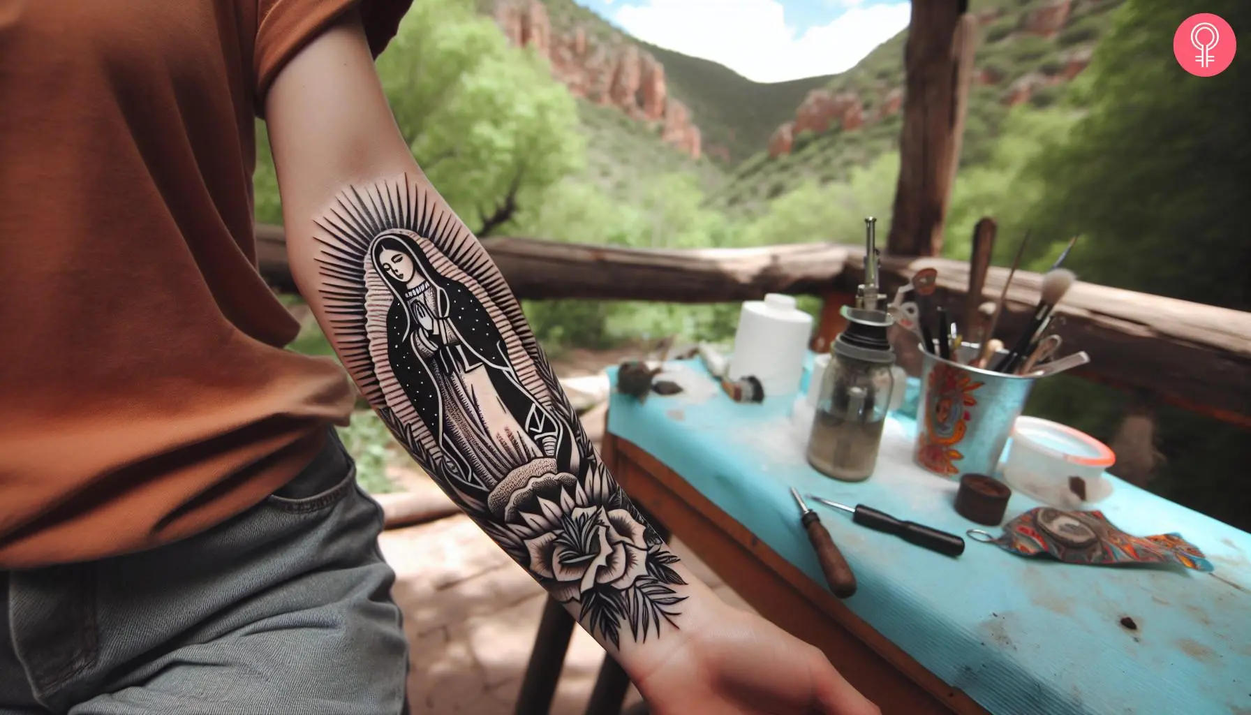 A woman with a virgen de guadalupe tattoo on her forearm