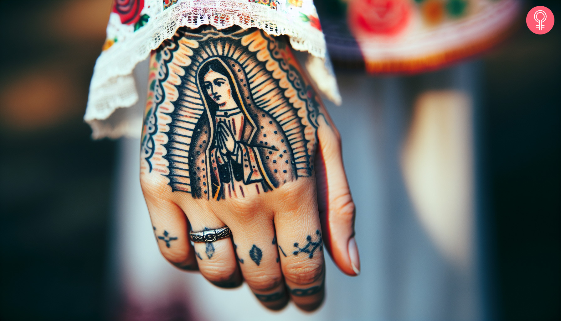 A woman with a virgen de guadalupe tattoo on her hand