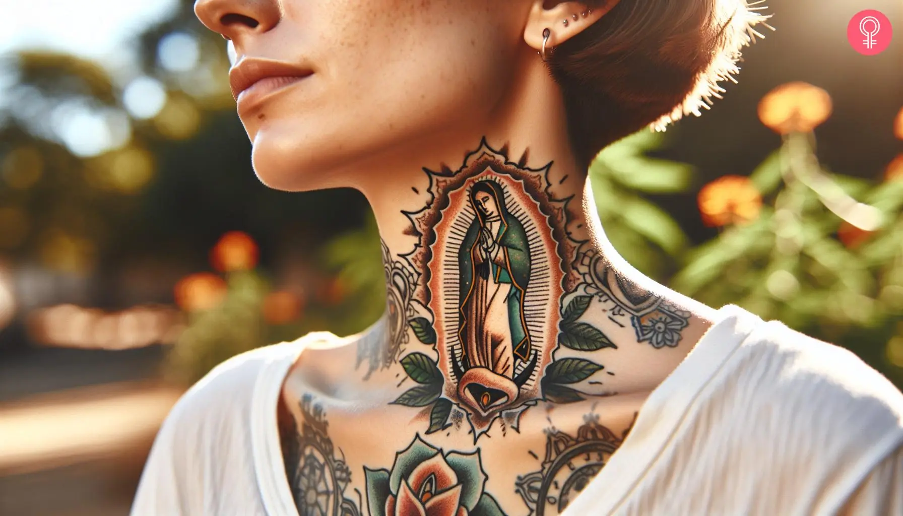 A woman with a virgen de guadalupe tattoo on her neck