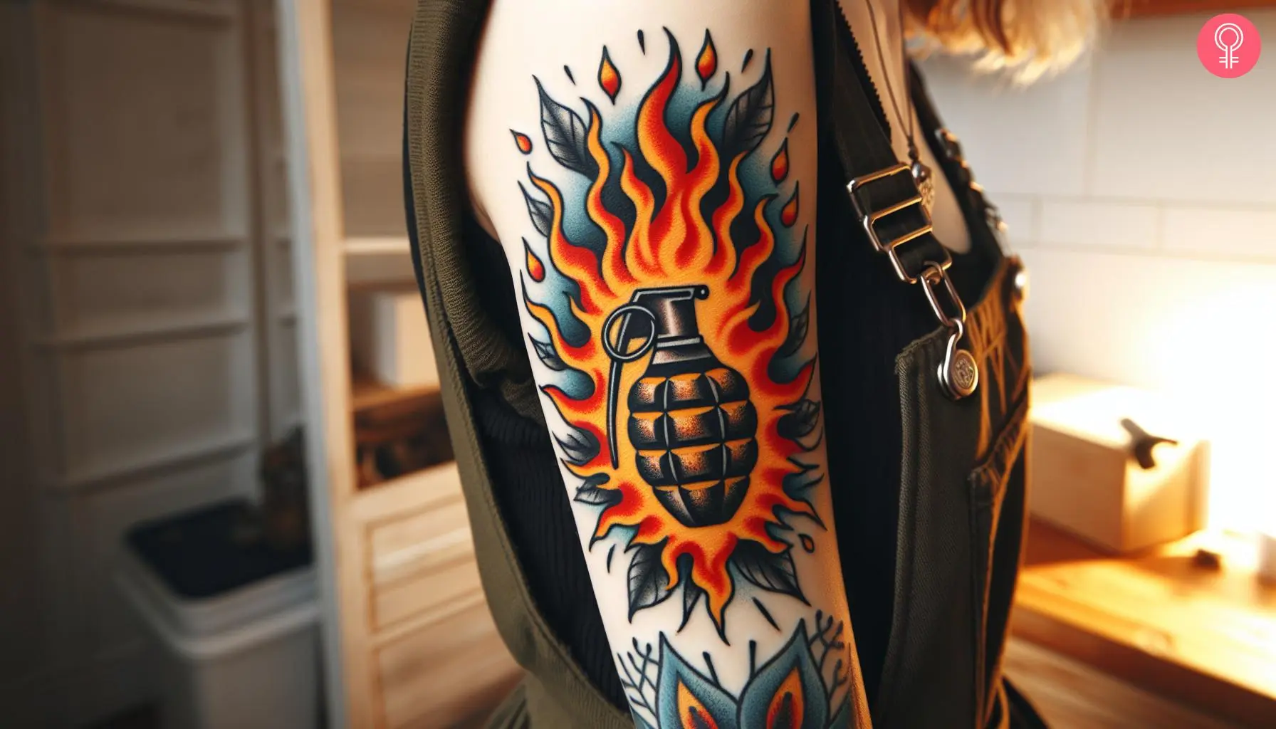 A woman with an American traditional grenade tattoo on her arm