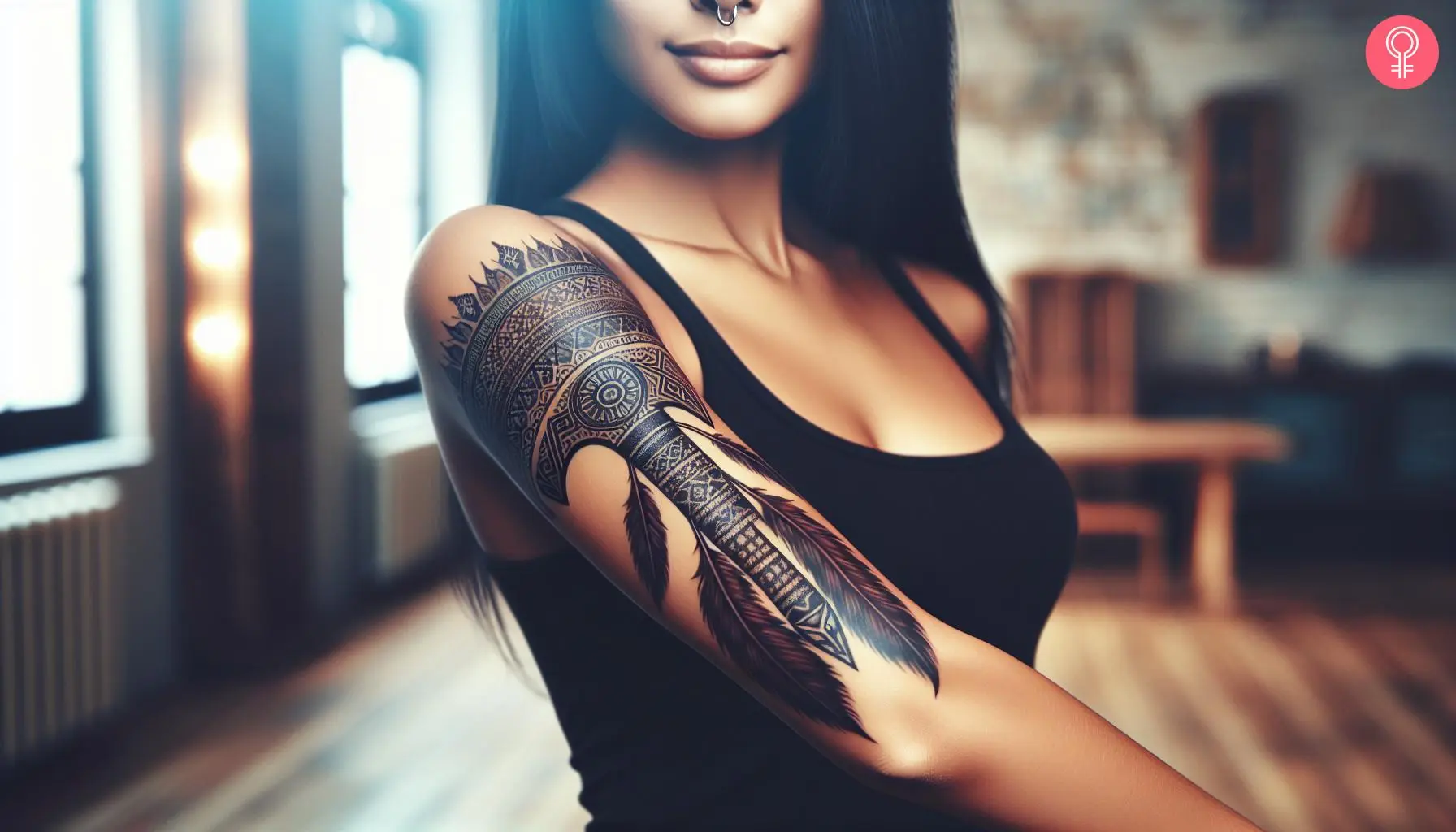 A woman with an Indian tomahawk tattoo on her upper arm