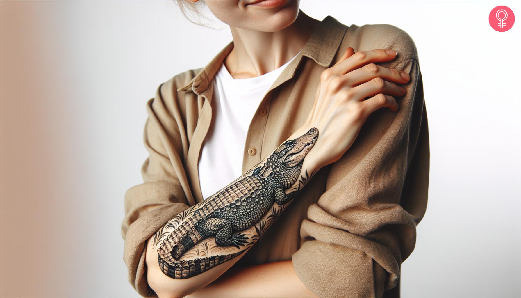 A woman with an alligator sleeve tattoo