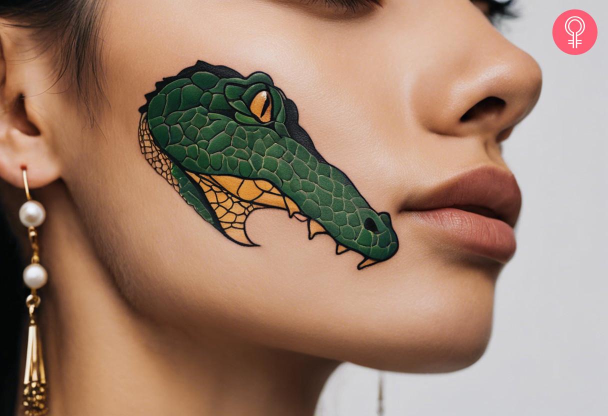 A woman with an alligator tattoo on her face